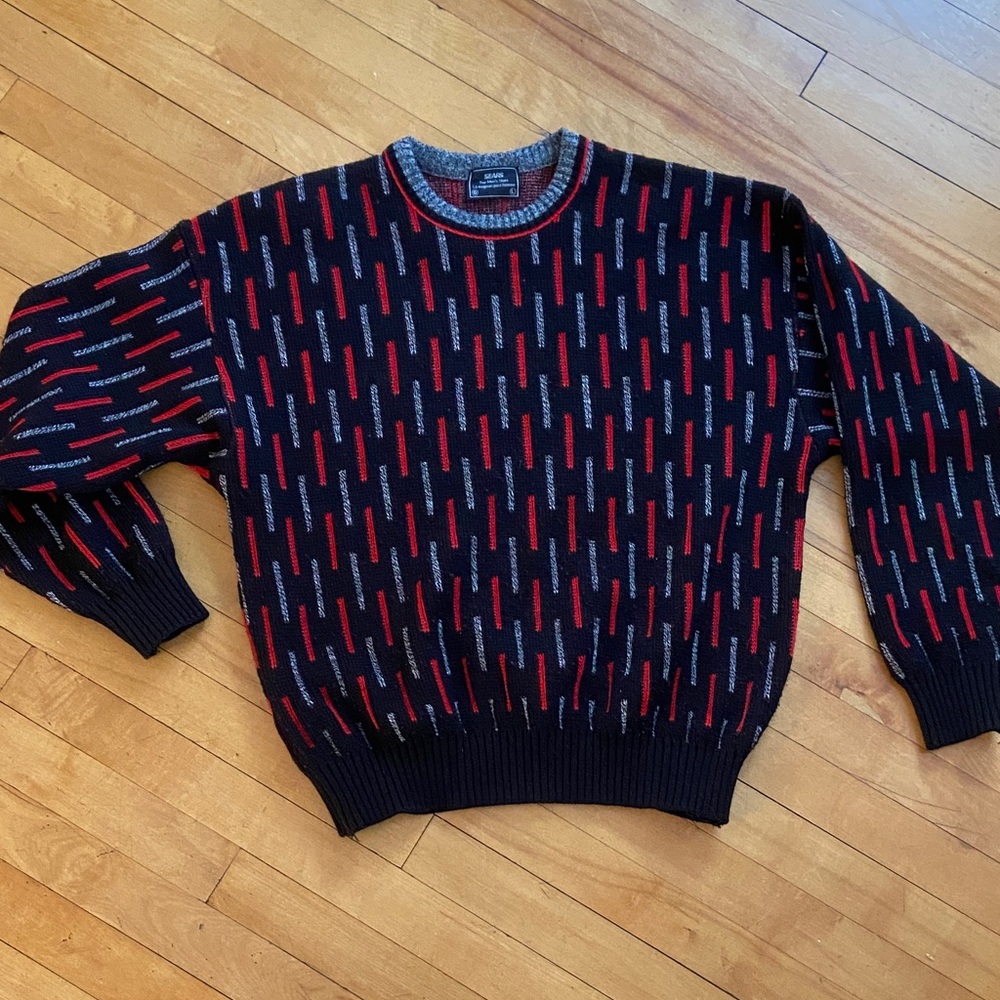 Vintage Sears Men's Black and Red Sweater